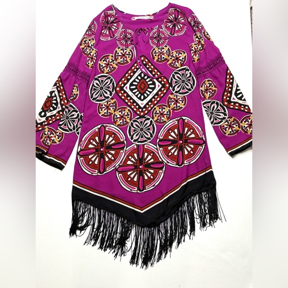 Anthropologie Dresses & Skirts - Anthropologie Chelsea & Violet Purple and Multicolor Tunic Dress w/ Fringe Sz M